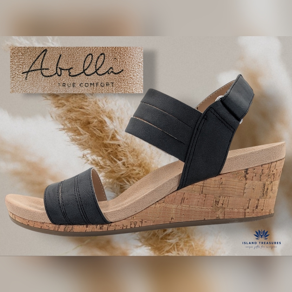 Abella True Comfort Mantra Sz 7M Black Women Sandals Cushioned Sole Velcro Strap